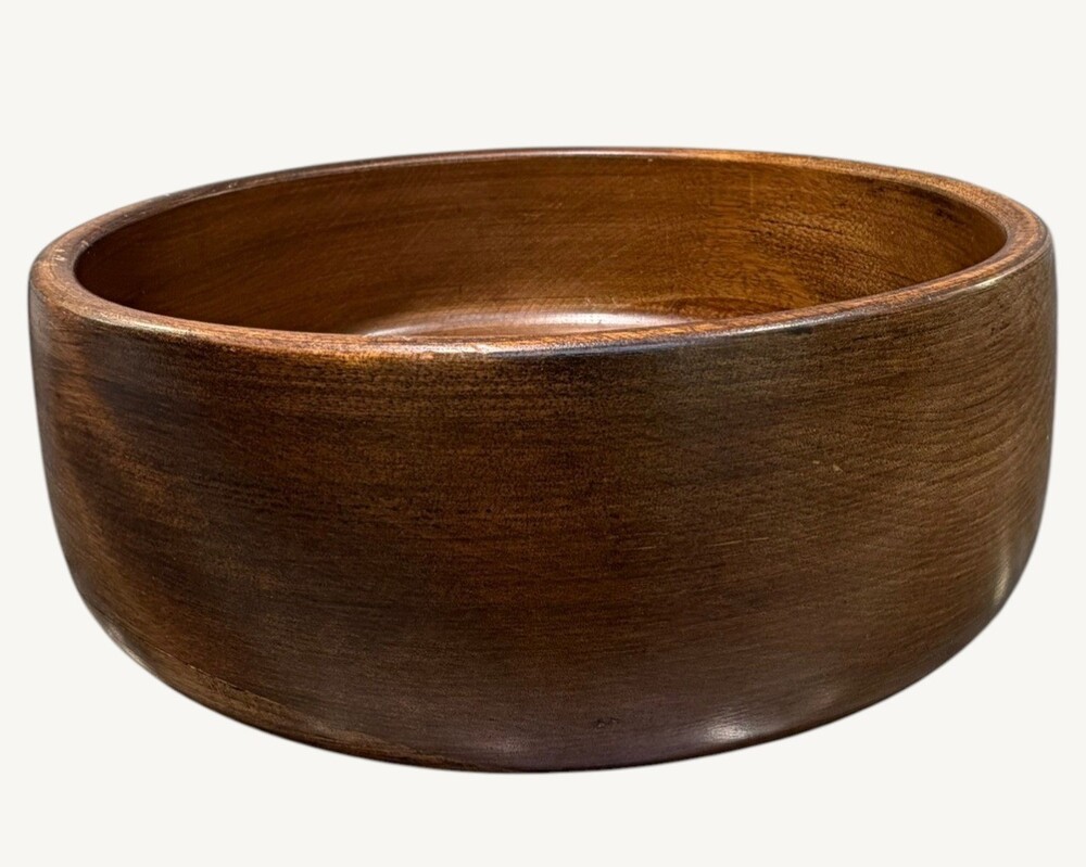 Vintage Turned Wood Salad Serving Bowl 9.25" Round Mid Century Rustic Decor